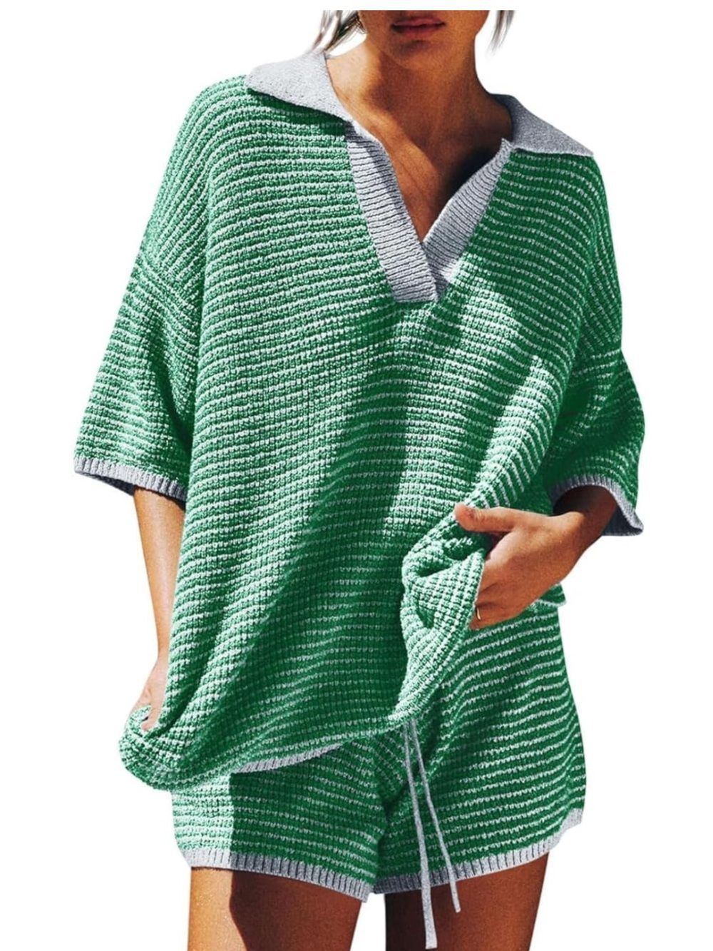 Green Striped Knit Top and Shorts Set